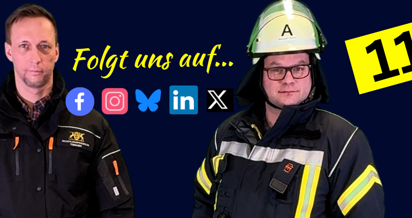 Zwei ehrenamtliche Rettungskräfte blicken entschlossen in die Kamera. Darüber liest man: Folge uns auf...daruntersind die Icons von Facebook, Insta, Linkedin, Bluesky und X.eute schon in die sozialen medien geblickt?"