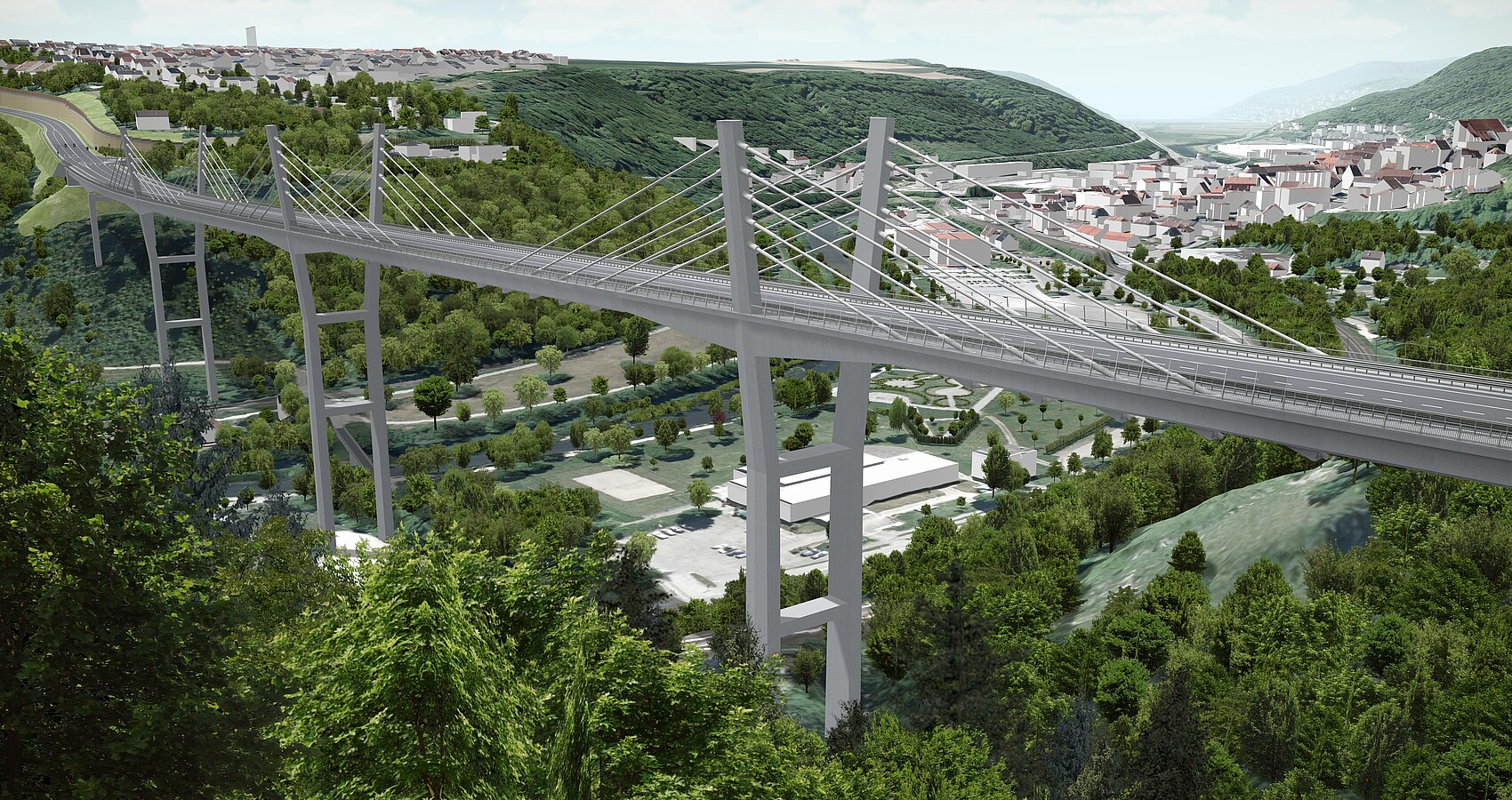 Simulation: Blick vom Rauschbart auf das künftige Brückenbauwerk