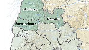 Eine Karte des Regierungsbezirks, hervorgehoben die Landkreise Emmendingen und Rottweil sowie der Ortenaukreis