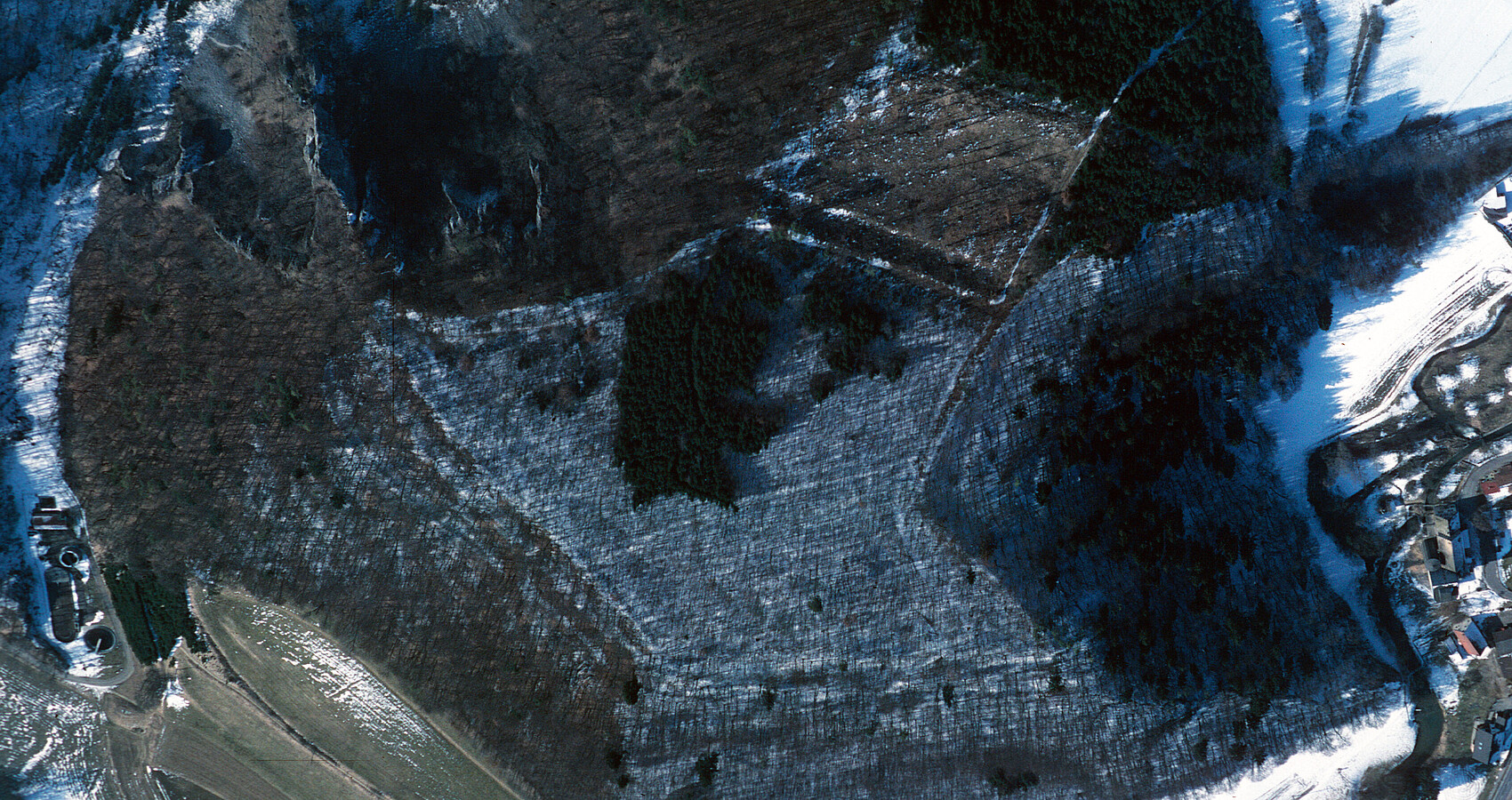 Luftbild von Althayingen mit der fünfeckigen Kernanlage und dem Vorbereich