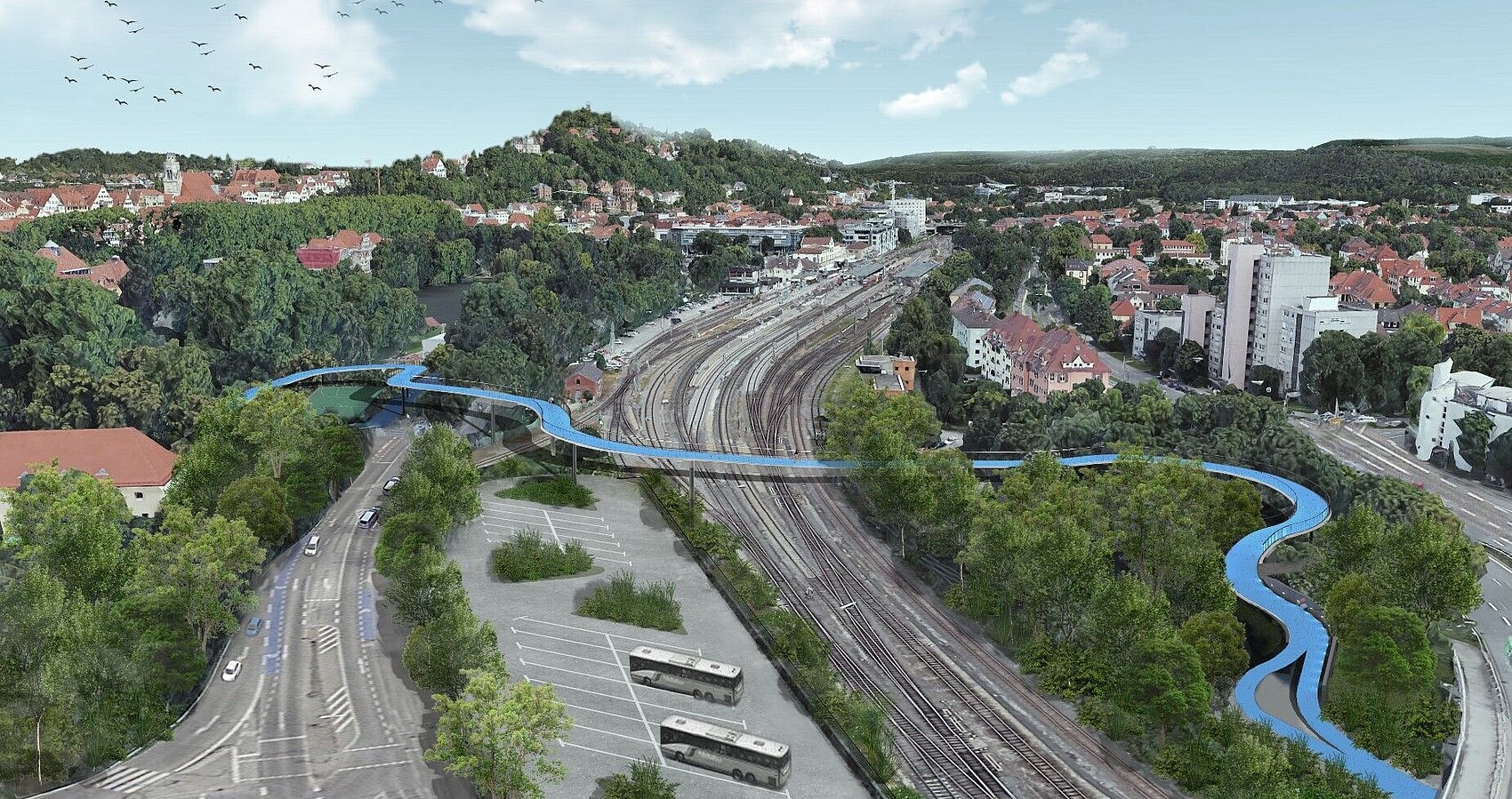 Das Bild zeigt eine Visualisierung der Neuen Radbrücke West in Tübingen