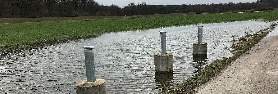 Drei Grundwasserpegel, die sich im Bereich einer mit Druckwasser überfluteten Geländesenke befinden. 