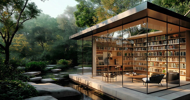 Bibliothek mit Glaswänden und Leseraum mit Blick auf einen ruhigen Garten