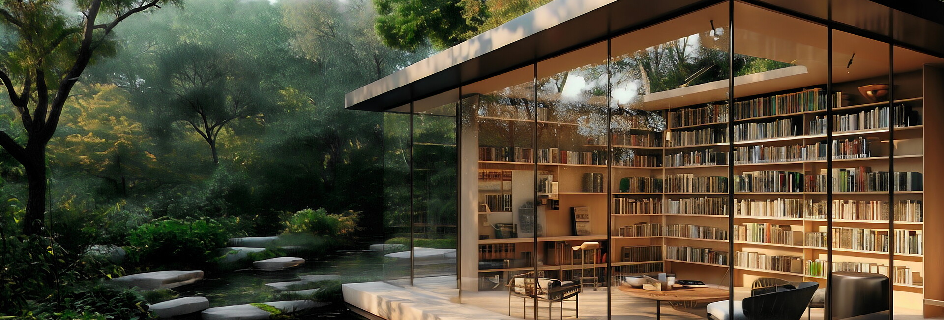 Bibliothek mit Glaswänden und Leseraum mit Blick auf einen ruhigen Garten