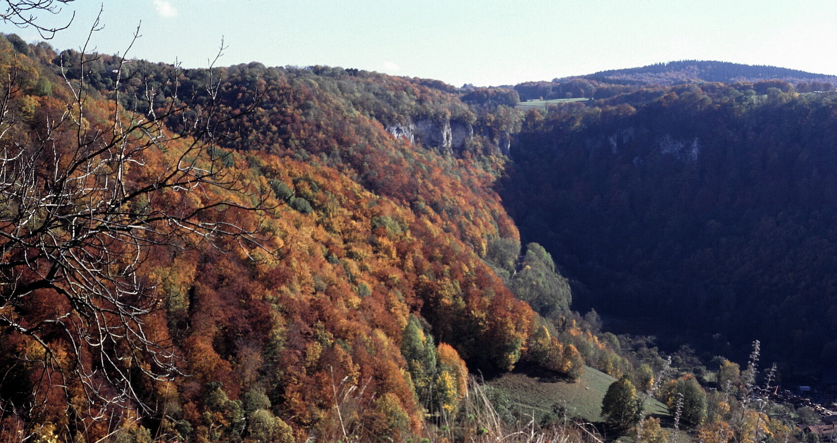 Naturschutzgebiet Oberes Lenninger Tal mit Buchenwäldern, Magerrasen und Felsen.