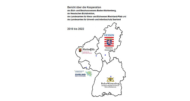 Das Foto zeigt eine Karte bei der die Umrisse von Baden-Württemberg, Rheinland-Pfalz Hessen und am Rande das Saarland und die jeweiligen Wappen abgebildet sind