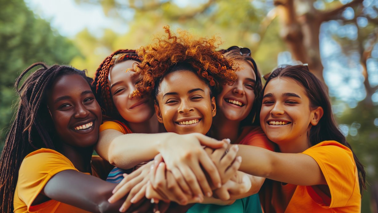 Fünf jugendliche Mädchen legen die Hände aufeinander