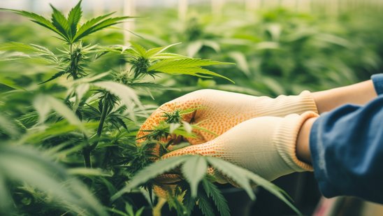 Behandschuhte Hände die Cannabisblätter pflücken