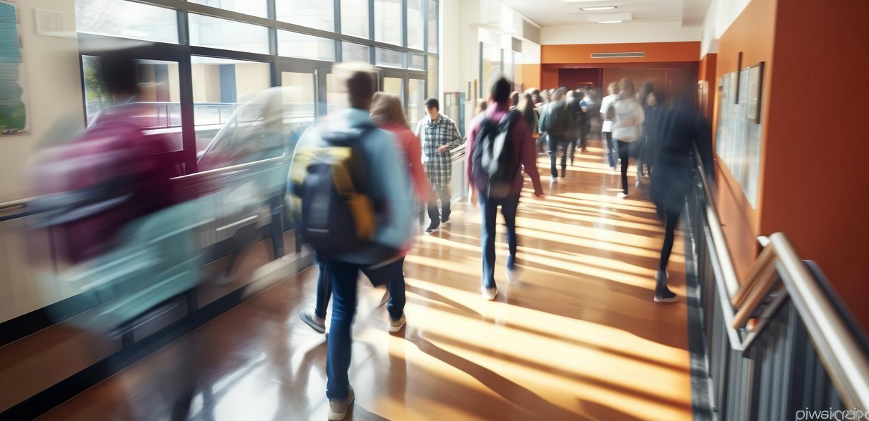 In einem Schulflur blickt man von hinten auf rennende Schülerinnen und Schüler