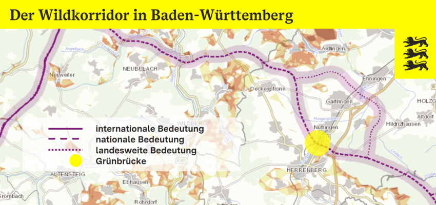 Kartenausschnitt der Wildtierkorridore in Baden-Württemberg