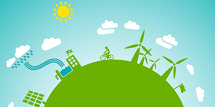 Grünes, gemaltes Bild einer Erde mit Symbolen für erneuerbare Energien und Fahrrad, nachhaltiges Leben