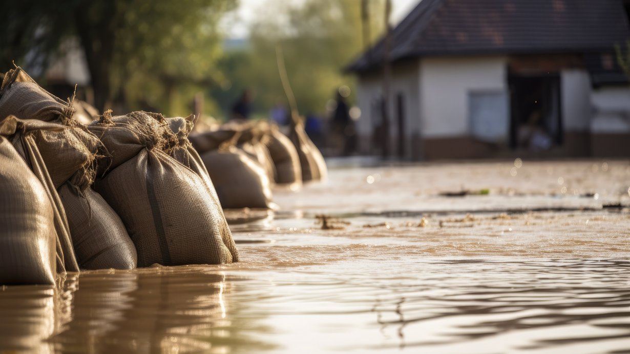 Sandsäcke mit überflutetem Wohnhaus im Hintergrund