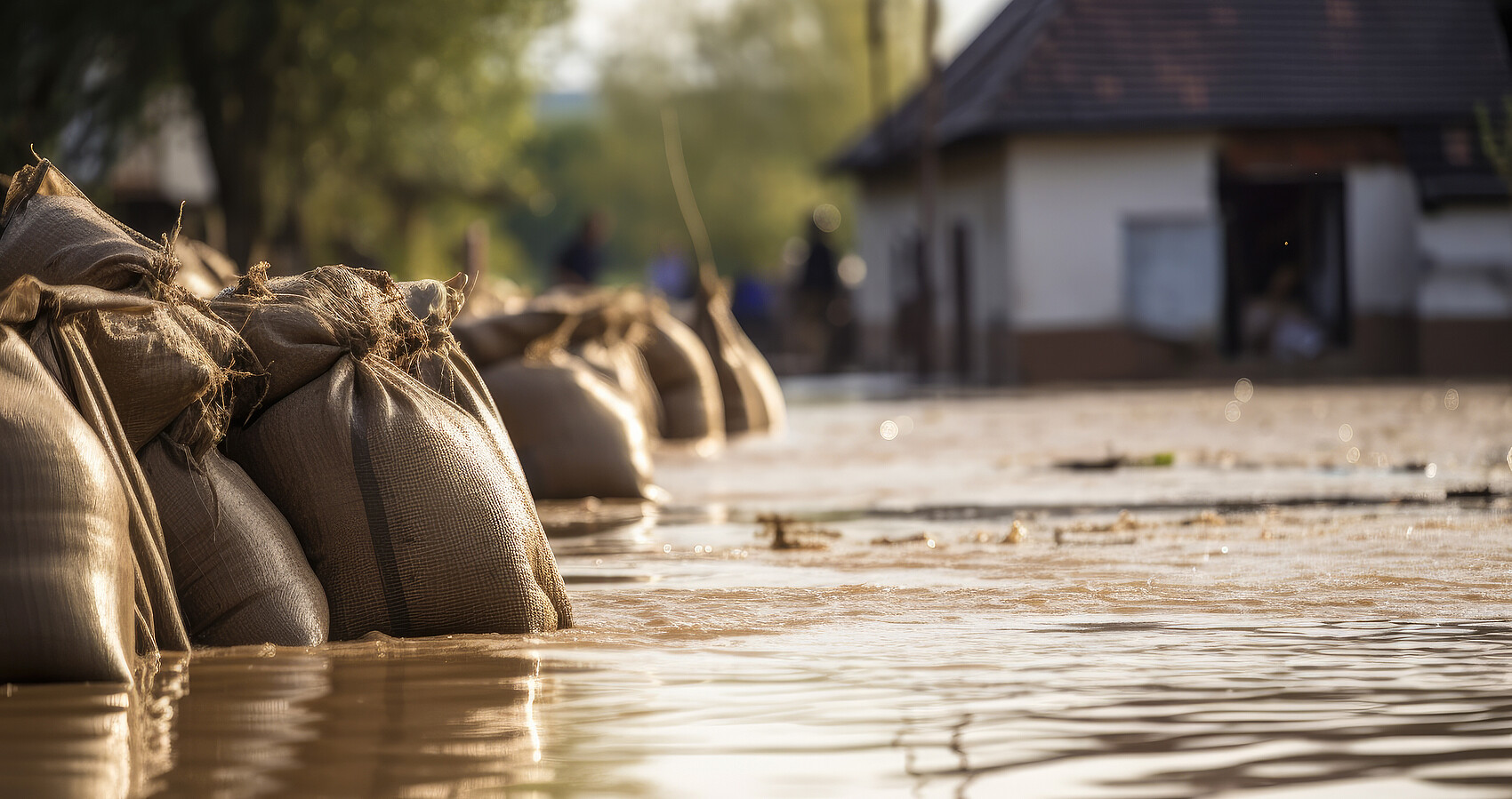 Sandsäcke mit überflutetem Wohnhaus im Hintergrund