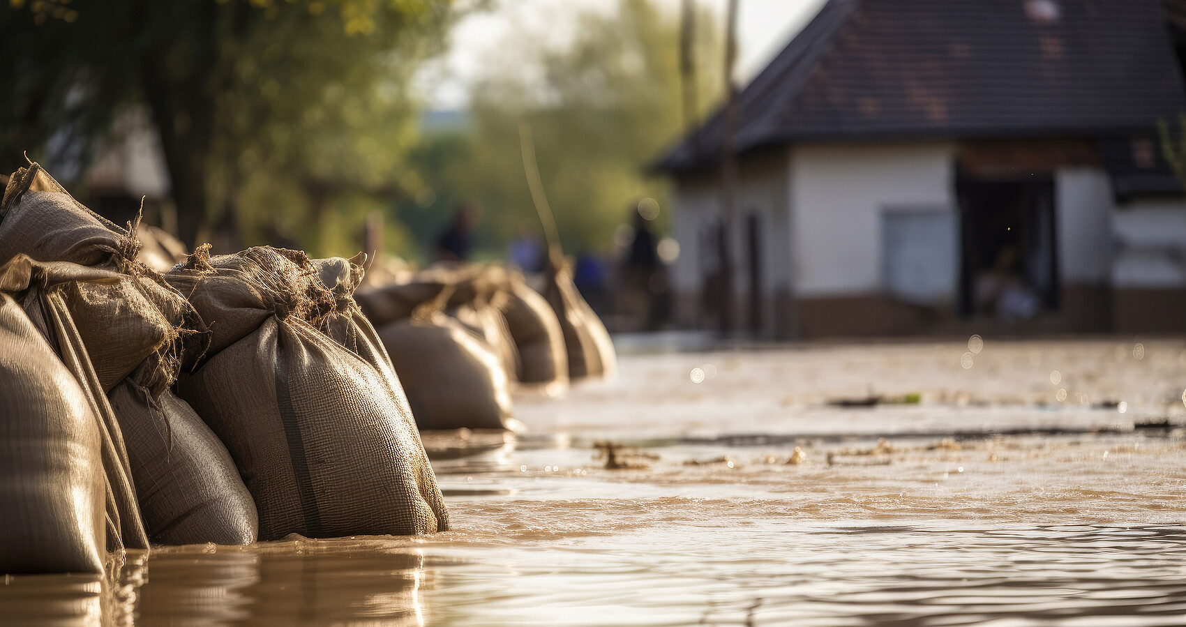 Sandsäcke mit überflutetem Wohnhaus im Hintergrund