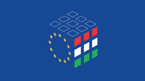 Das Bild zeigt das Logo der ungarischen Ratspräsidentschaft dunkelblauem Hintergrund, welches an einen Zauberwürfel (Rubik’s Cube) angelehnt ist auf: Die rot-weiß-grüne ungarische Flagge bildet die rechte Würfelseite; die linke Würfelseite besteht aus der EU-Flagge.