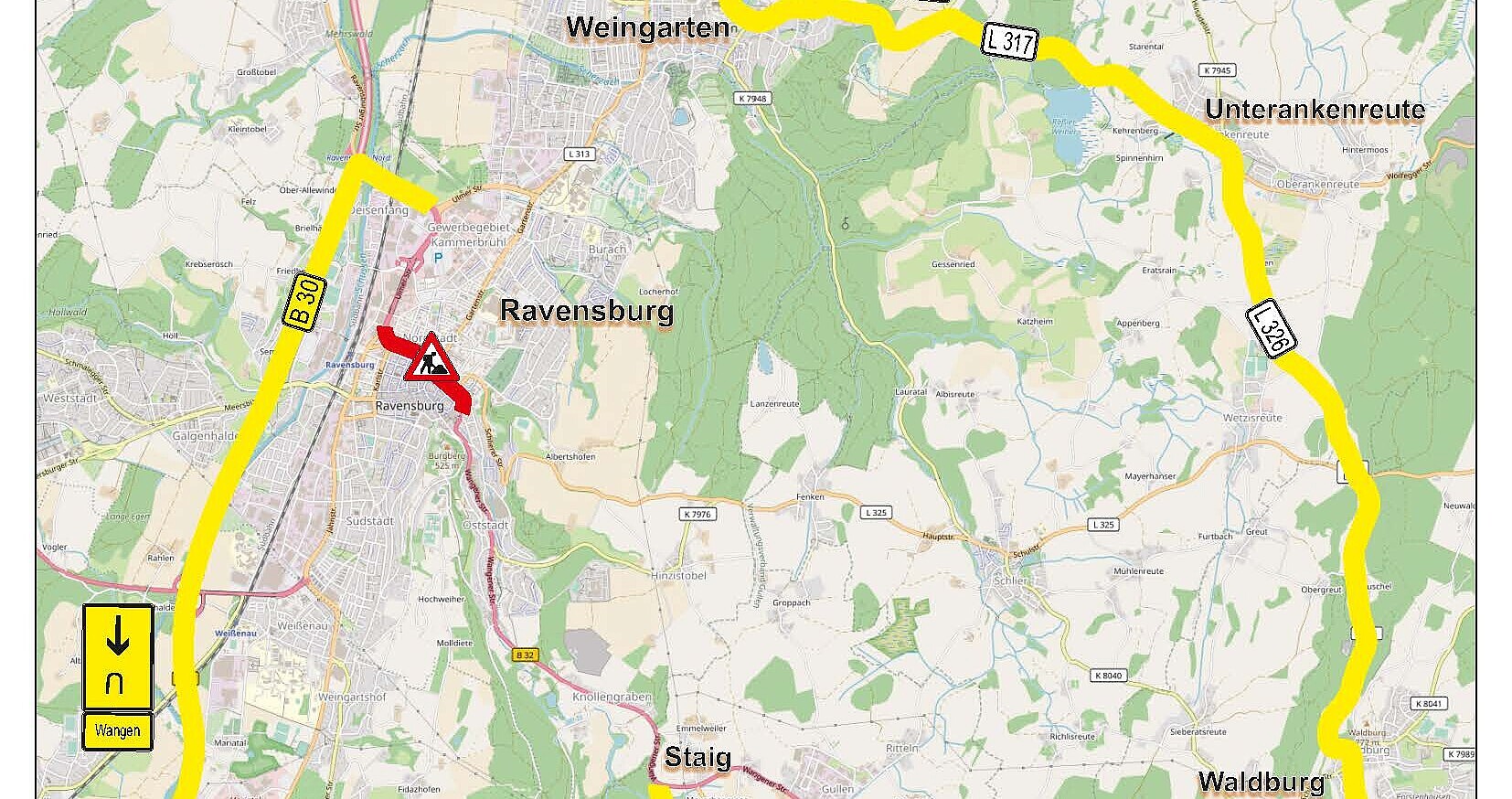 Umleitungsskizze für den überörtlichen Verkehr B 32 bei der Erneuerung der Hauptwasserleitung und Fahrbahndeckenerneuerung in der Ortsdurchfahrt Ravensburg