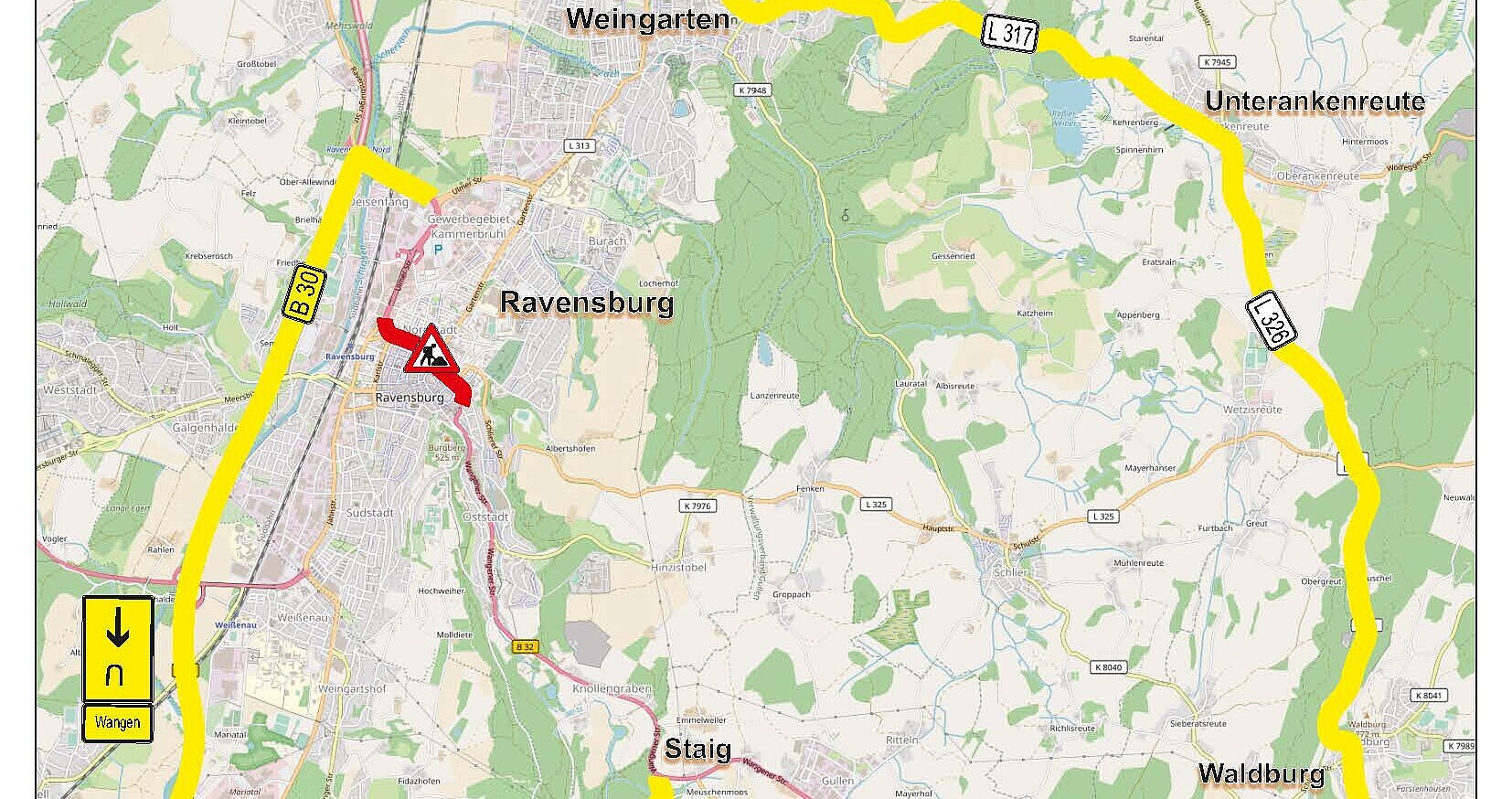 Umleitungsskizze für den überörtlichen Verkehr B 32 bei der Erneuerung der Hauptwasserleitung und Fahrbahndeckenerneuerung in der Ortsdurchfahrt Ravensburg