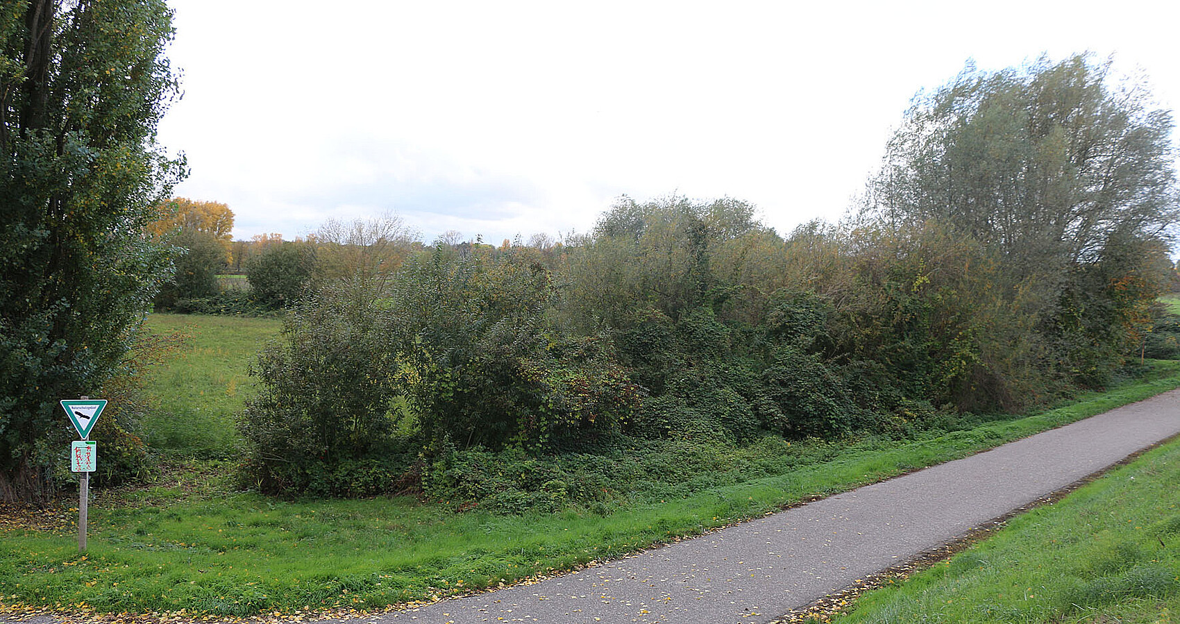 Auf einem Weg, der entlang von Wiesen und Gehölzen führt, steht ein Naturschutzgebiet-Schild. 
