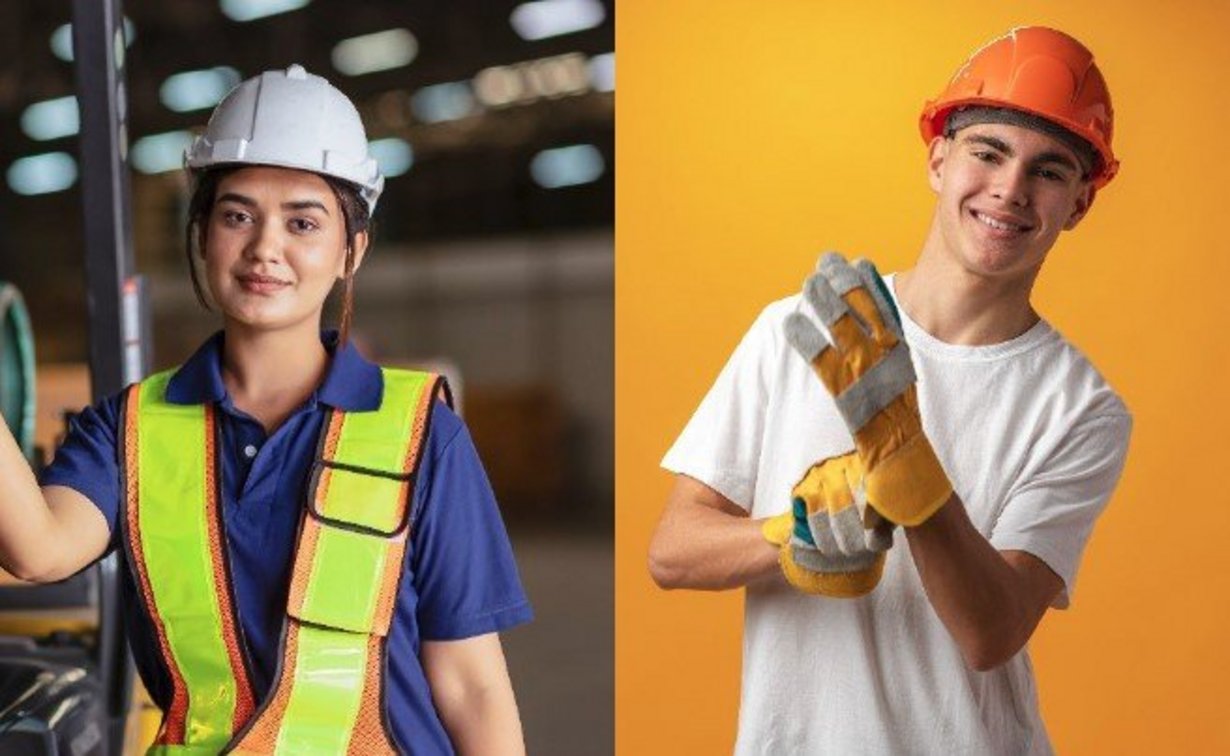Bild zeigt junge Bauarbeiterinnen und Bauarbeiter in Arbeitskleidung