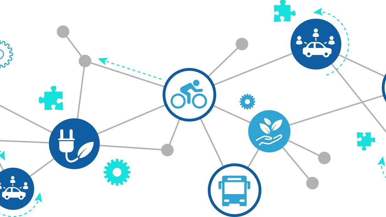 Symbolbil für vernetzte Mobilität - es wird eine Wabe mitden verschiedenen sybolen für Autos, Fahrräder, Buss, Fußgänger etc. gezeigt