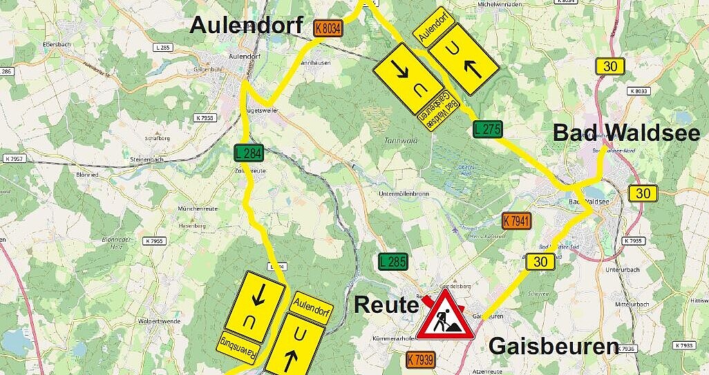 Landkarte mit eingetragener Skizze der Umleitung