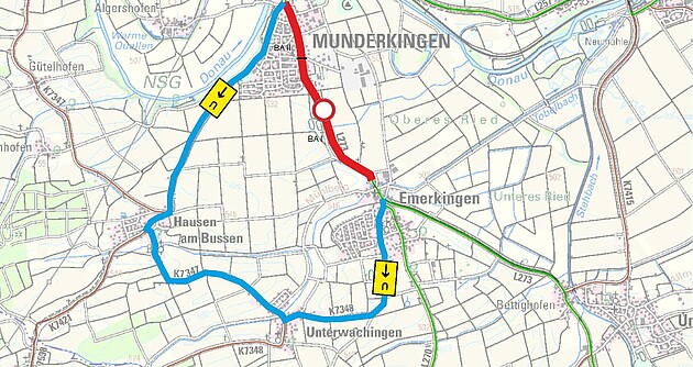 Das Bild zeigt den Lageplan mit Umleitungseinzeichnungen L 273 Emerkingen - Munderkingen