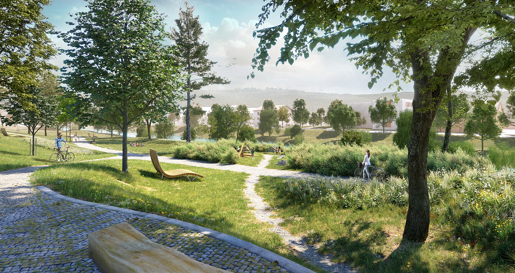 Das Bild zeigt Bäume, Grünflächen, eine Liegebank, Wege, Sträucher, zwei Radfahrer, Kinderspielplatz, spielende Kinder