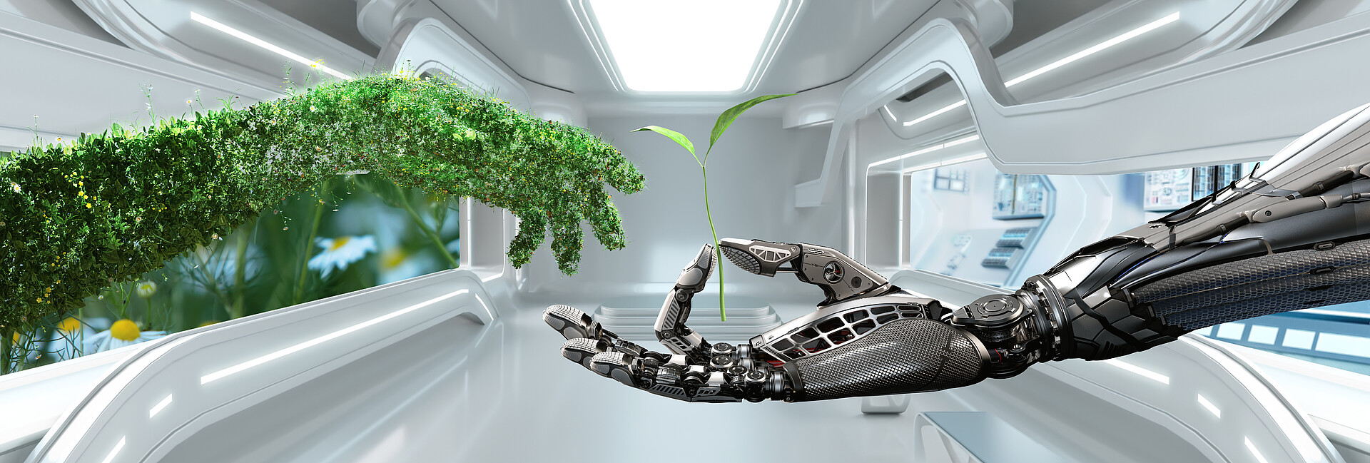 Das Bild zeigt zwei Hände in einem Labor der Zukunft. Die linke Hand wird aus zahlreichen Pflanzenteilen gebildet und steht für die Naturwissenschaften, die rechte Hand stammt von einem Roboter, der ein kleines Pflänzchen in den Fingern hält. Diese Hand symbolisiert die Technik.