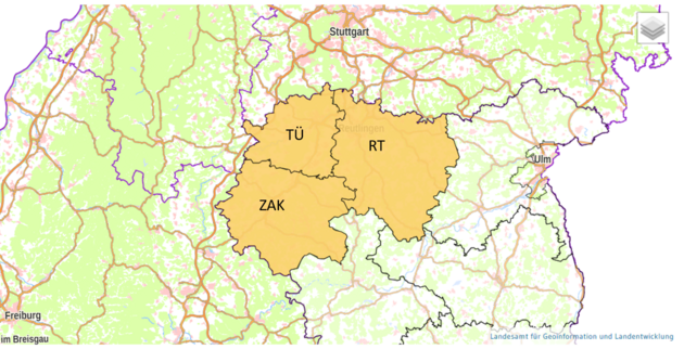 Kartenausschnitt Landkreise TÜ, RT und ZAK