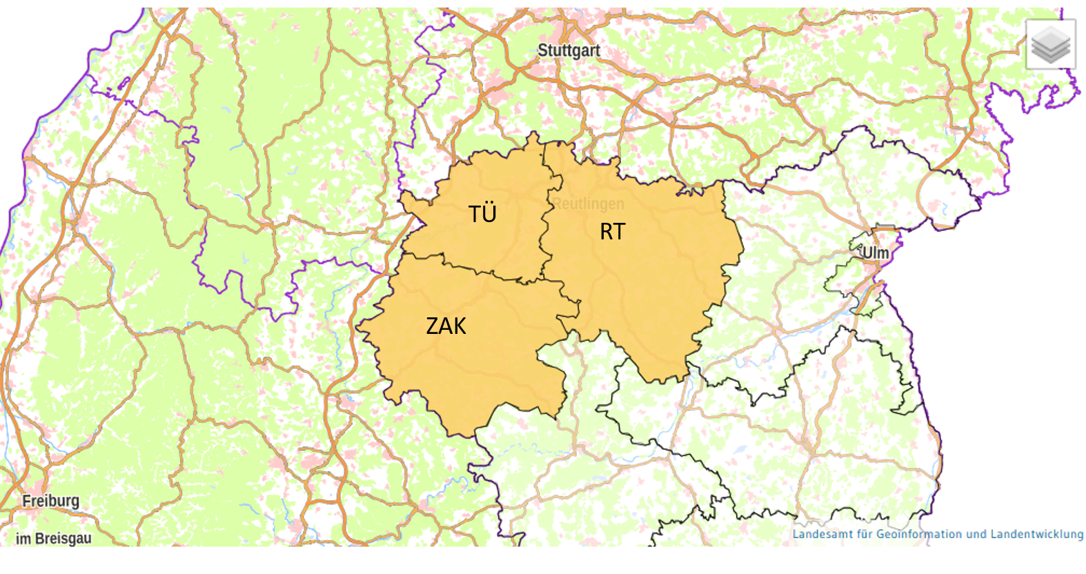 Kartenausschnitt Landkreise TÜ, RT und ZAK