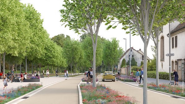 Eine 3D-Visualisierung einer umgestalteten Ortsmitte mit vielen Fußgängern und einem bunten Blühstreifen zwischen zwei Fahrbahnen.