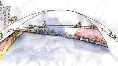 Zeichnung einer Brücke über den Rhein zwischen Deutschland und Frankreich